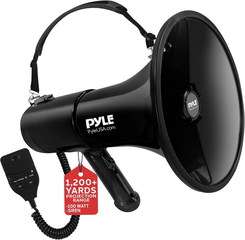Pyle 100-Watt Square Megaphone Bullhorn, Lightweight and Portable Loudspeaker Horn with Aux (3.5mm) Input for MP3/Music, Automatic Siren, Whistle, MIC/Talk (Black), 1500 Square Yards Projection Range - Image 1